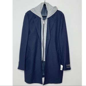 Saks Fifth Ave Wool Top Coat with Attached Hoodie in Navy